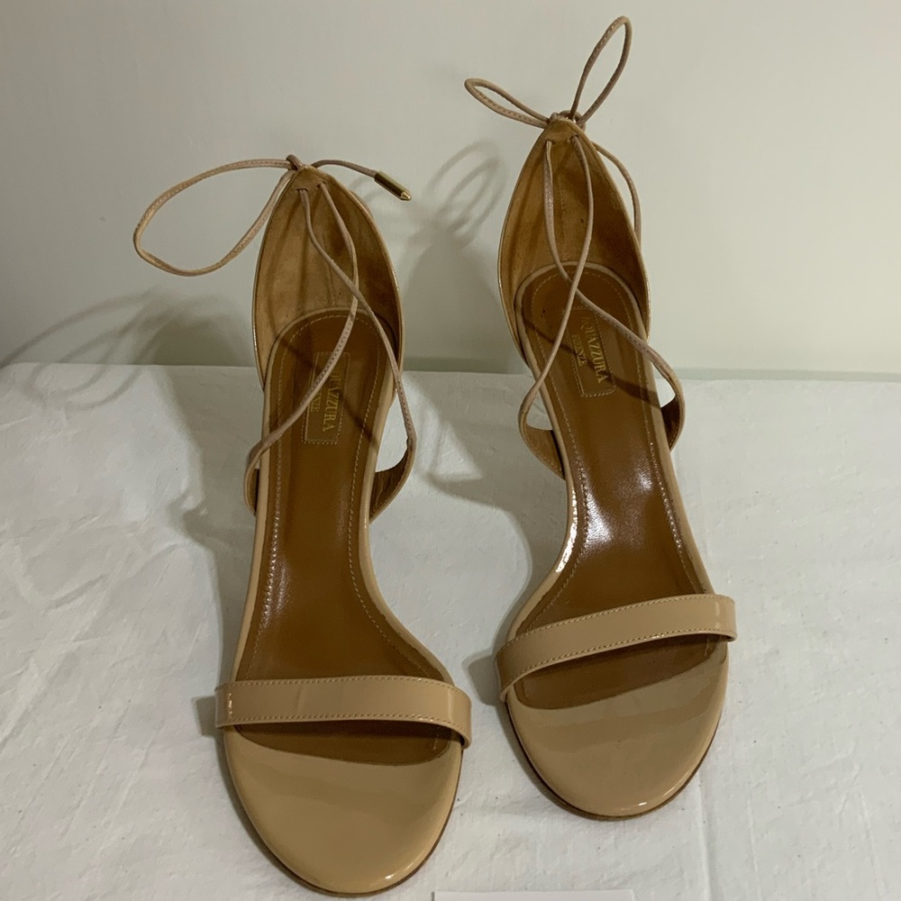 Aquazzura Firenze - Tan patent sandal heels with tie at ankle